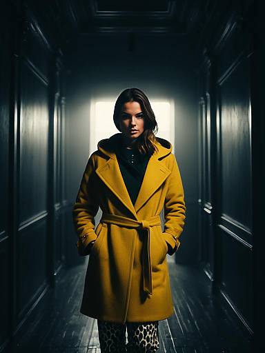 Woman in Mustard Yellow Wrap Coat in Dark Hallway
