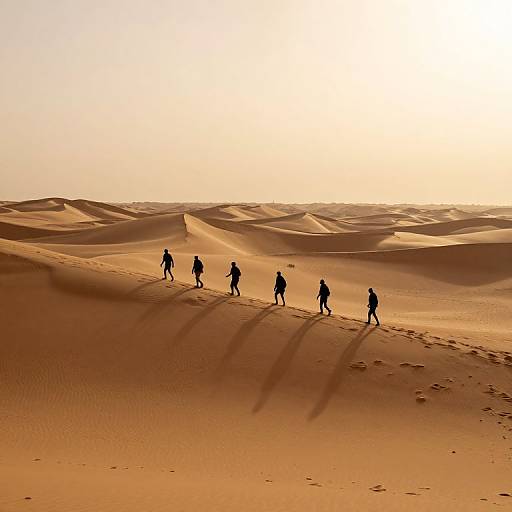 Silhouetted hikers walk across golden desert dunes at sunset, casting long shadows on the rippled sand under a bright, glowing sky.
