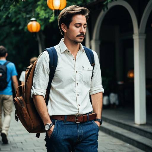 Young Man Walking with Backpack Outdoors