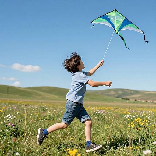 Photograph of a young boy with messy brown hair flying a green and blue kite in a vibrant, sunny meadow.