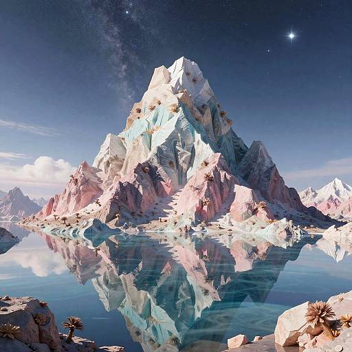 Photorealistic CGI of a towering, snow-capped mountain reflected in a calm, crystal-clear lake under a starry, night sky.