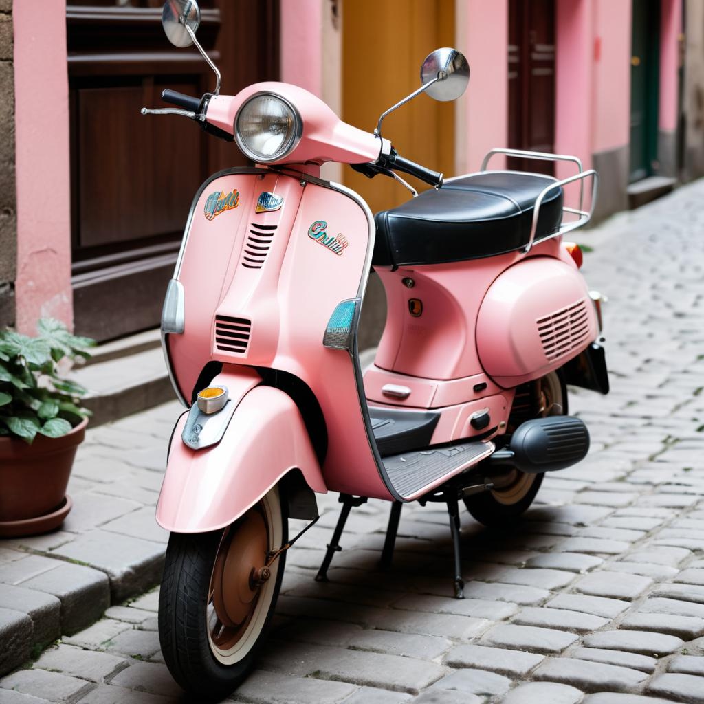 Vintage Pink Moped on Cobblestone Street