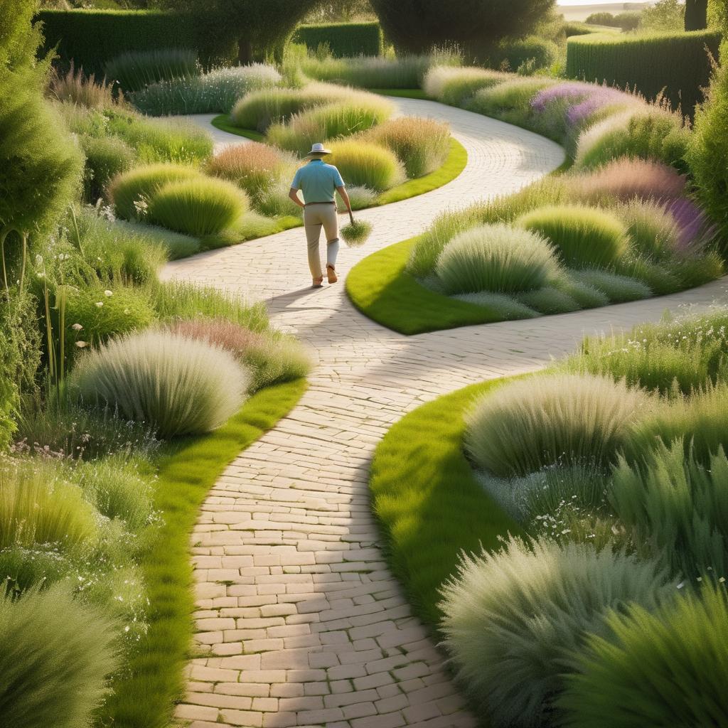 Gardener on Curvy Path in Weeds