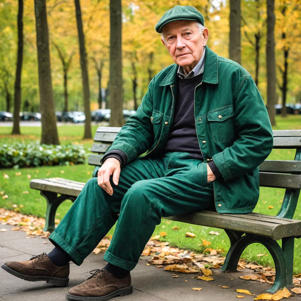 Elderly Man on Park Bench in Jeans