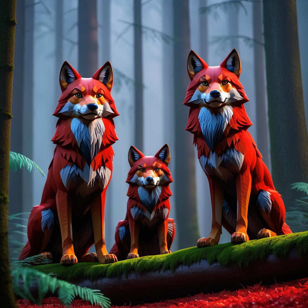 3D Animated Red Wolves in Misty Forest