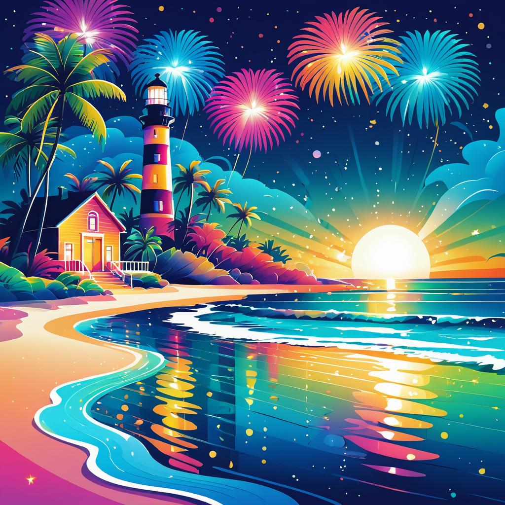 Vibrant Beach Scene with Fireworks Display