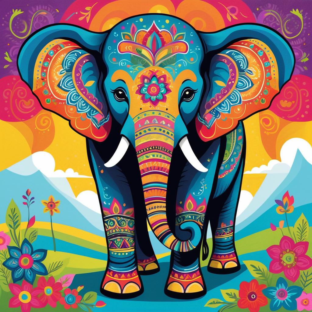 Vibrant Whimsical Folk Art Elephant