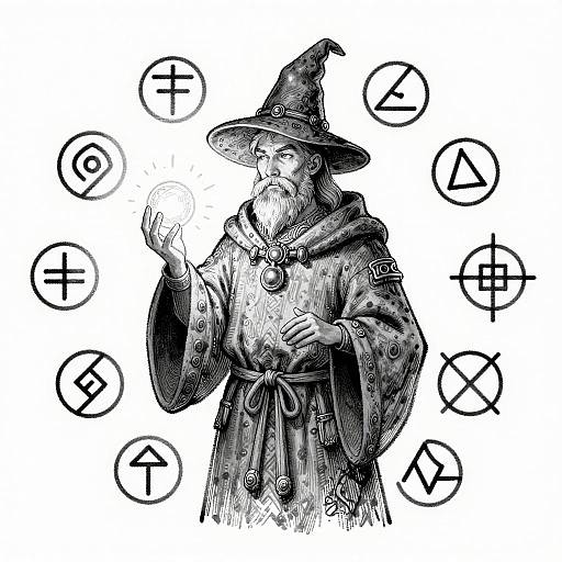 Black-and-white illustration of a bearded wizard in a pointed hat, holding a crystal ball, surrounded by mathematical symbols.