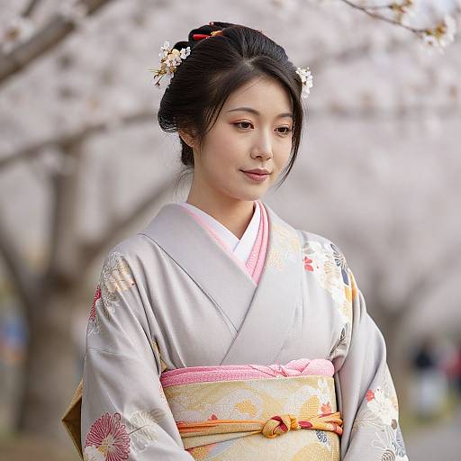 Photograph of a young Asian woman with fair skin, black hair in an updo, wearing a light gray kimono with pink and floral patterns,