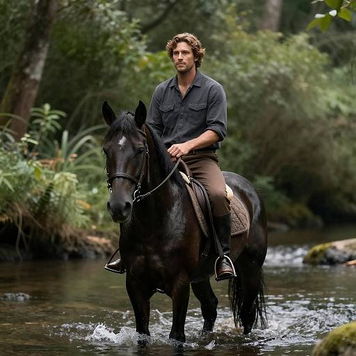 Man Riding Black Horse Through Forest Stream