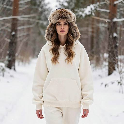 Woman in Winter Outfit with Furry Hat in Snowy Forest