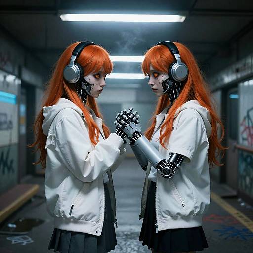 Photograph-like CGI of two robotic, red-haired girls in white jackets and black skirts, standing in a dimly lit, graffiti-covered tunnel, holding