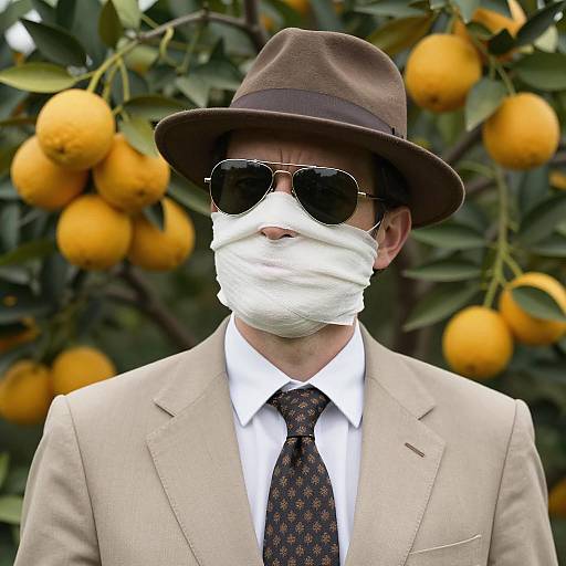 Man Wearing Bandage and Fedora Near Orange Tree
