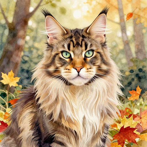 Photorealistic digital painting of a majestic long-haired tabby cat with striking green eyes, surrounded by vibrant autumn leaves in a sunlit forest background.