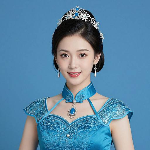 Photograph of an Asian woman with fair skin, black hair in a bun, wearing a blue ornate dress, silver tiara, and earrings,