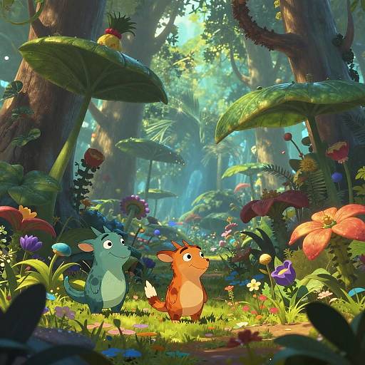 Digital illustration of a vibrant, sunlit forest with two animated, cute creatures—a teal blue one and an orange one—standing among colorful mushrooms and flowers