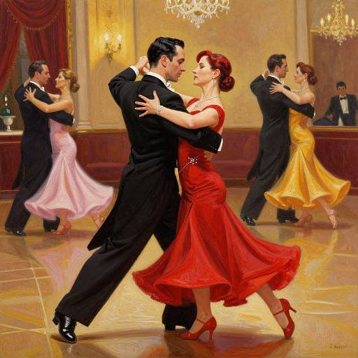 Digital painting of a lively ballroom dance scene with couples in elegant attire, chandeliers, and polished floors, featuring a central couple in black and