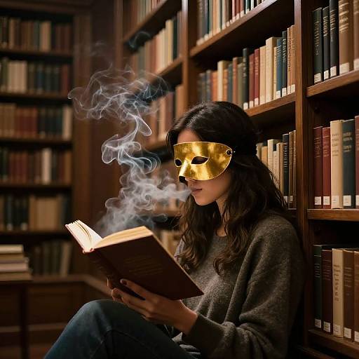 Photograph of a woman with long brown hair, wearing a golden masquerade mask and gray sweater, reading a book emitting smoke in a dimly
