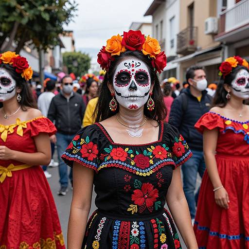 Photograph of a Day of the Dead parade: woman in black floral dress, white face paint, red and orange flower crown, surrounded by people in