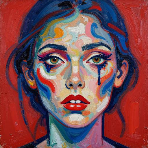 Digital painting of a woman with vibrant, abstract facial markings in red, blue, yellow, and white on a red background. Her eyes are wide,