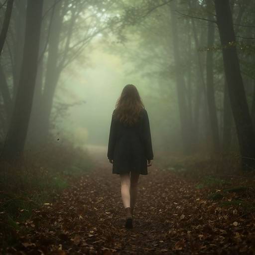 Photograph of a lone woman with long, wavy brown hair, wearing a black coat, walking down a misty, leaf-covered forest path,