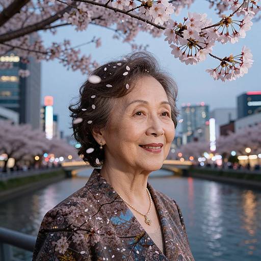 Photograph of an elderly Asian woman with short, wavy gray hair, wearing a patterned blazer, smiling under cherry blossoms, with a