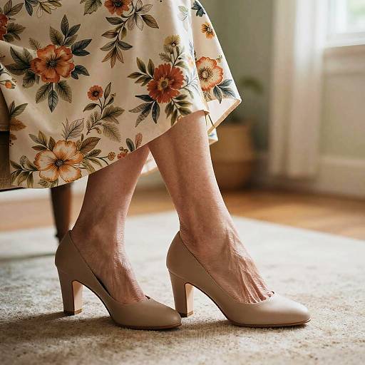 Photograph of an elderly woman's feet in beige high heels, wearing a floral skirt, standing on a carpeted floor in a sunlit room.