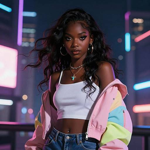 Photograph of a stylish Black woman with long wavy hair, wearing a white crop top, pink and yellow jacket, high-waisted jeans,
