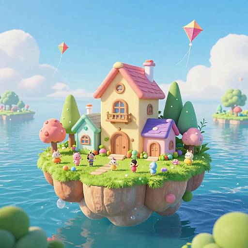 Whimsical CGI island with colorful houses, mushrooms, flying kites, and cheerful characters on a grassy floating rock in bright blue water.