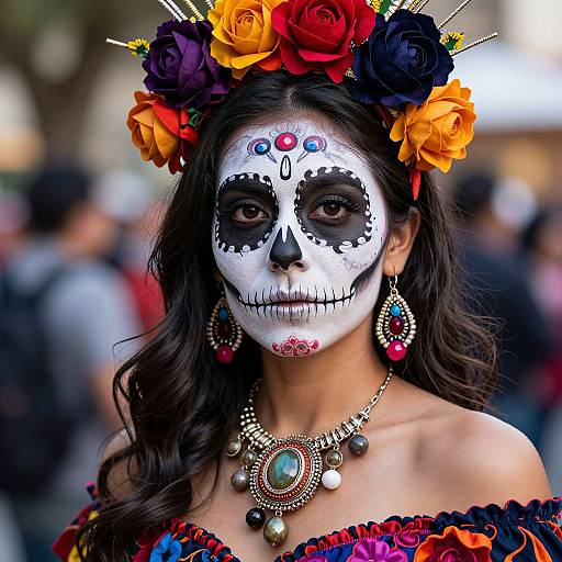 Photograph of a woman in traditional Day of the Dead makeup, adorned with colorful flower crown, vibrant off-shoulder dress, and elaborate jewelry,