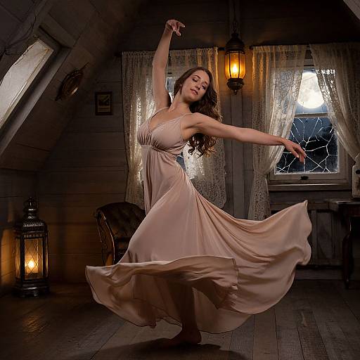 Photograph of a dancing woman in a flowing, pale pink dress, lit by warm lanterns, in a rustic, wooden attic room with lace curtains