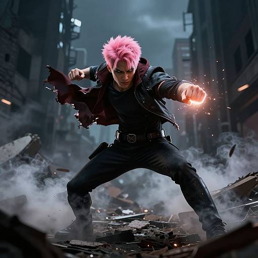 Pink-Haired Superhero in Urban Battle