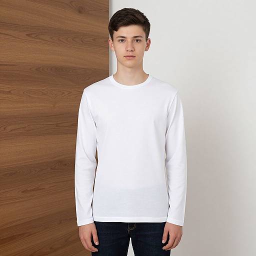 Photograph of a young, fair-skinned boy with short brown hair, wearing a plain white long-sleeve shirt and dark jeans, standing against