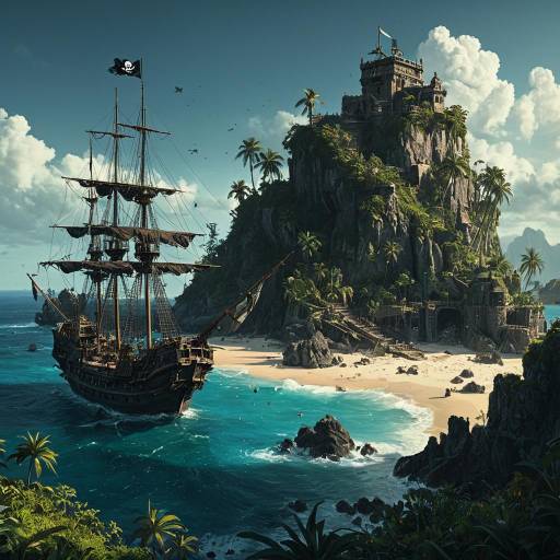 Pirate Ship Near Tropical Island Fortress