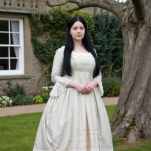 Photograph of a pale-skinned woman with long black hair, wearing a white, lace-trimmed Victorian dress, standing in front of a tree