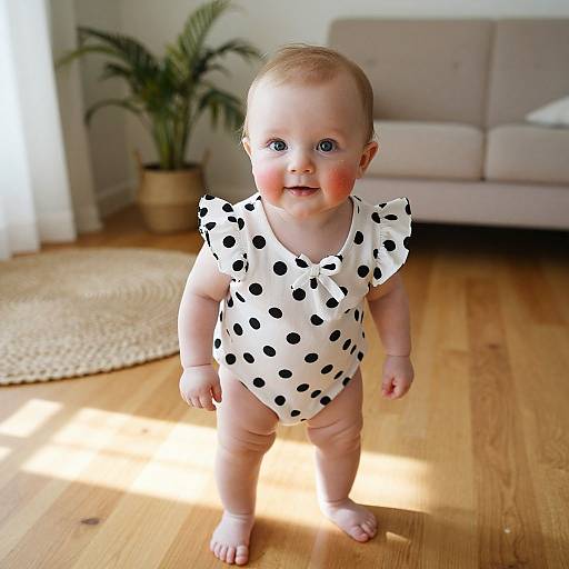 Photograph of a smiling baby with blue eyes, rosy cheeks, and light skin, wearing a white polka dot romper, standing on wooden