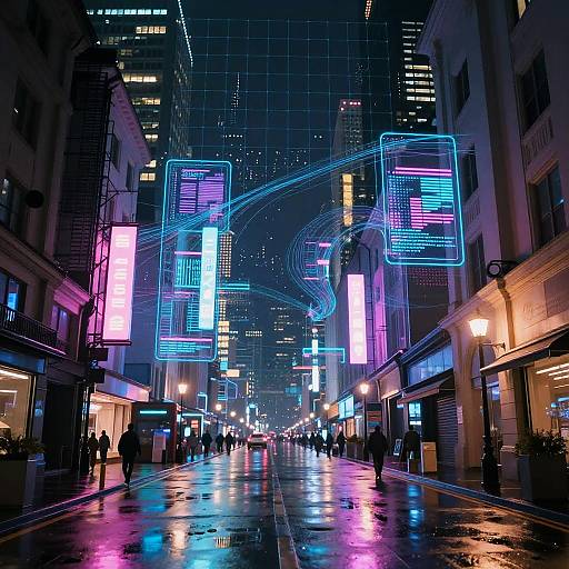 Neon-lit, rainy city street at night, vibrant blue and pink digital signs, reflections on wet pavement, tall skyscrapers, people walking