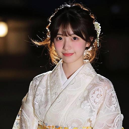 Photograph of a young East Asian woman with fair skin, wearing a white lace kimono, dark brown hair in an updo with white flowers,