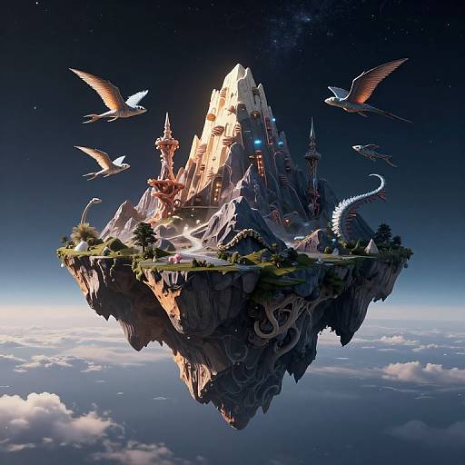 Digital fantasy artwork of a glowing, floating island with a majestic, illuminated castle, surrounded by soaring winged creatures, against a starry sky.