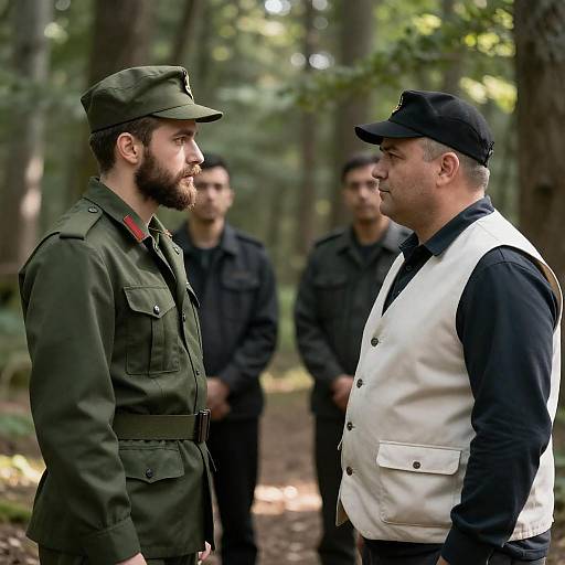 Men in Military and Civilian Clothes in Forest