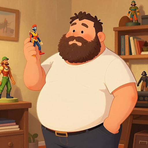 Cartoon bearded, chubby man in white shirt holds Spider-Man figurine, surrounded by action figures and books in warm, cozy room.