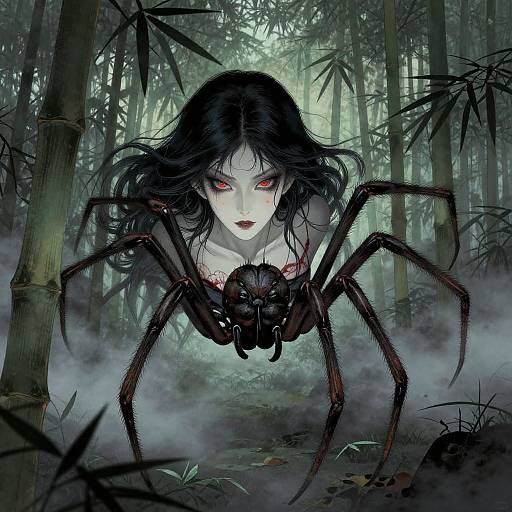 Digital artwork of a pale-skinned woman with red eyes and black hair, blending into a giant spider in a misty bamboo forest.