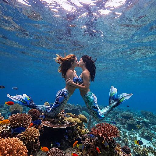 Romantic Mermaids Beneath Ocean Surface
