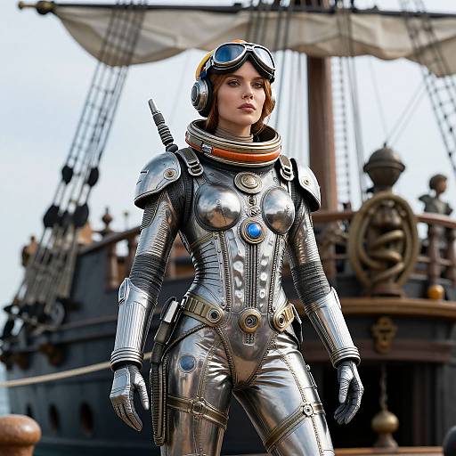 Photorealistic CGI of a confident woman in a silver, armored spacesuit with blue accents, goggles, and orange scarf, standing on a vintage ship