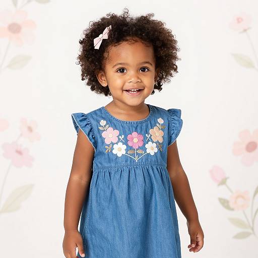 Photograph of a smiling young African-American girl with curly hair, wearing a blue floral dress, white background, and a white hair clip.