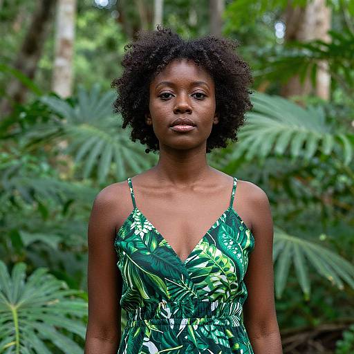 Photograph of a young black woman with natural afro hair, wearing a green tropical leaf-patterned dress, standing in a lush forest with large,