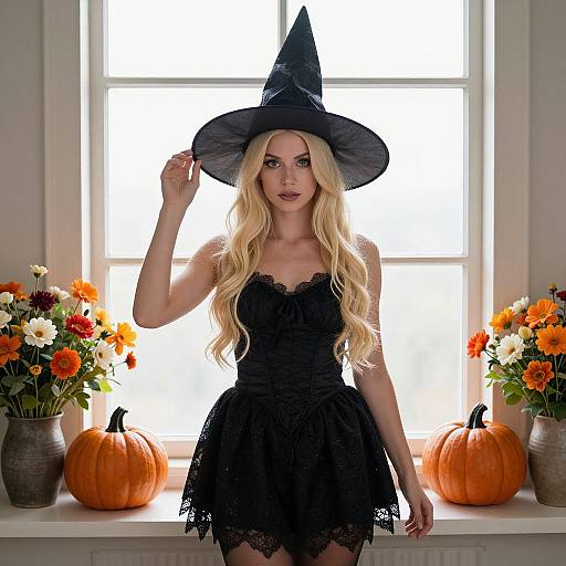 Photograph of a blonde woman in a black witch dress and hat, standing in front of a bright window with orange pumpkins and floral arrangements on either