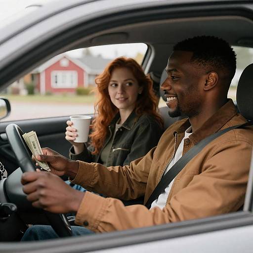 Couple in Car with Money and Coffee