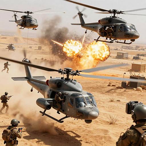 Photograph: Military helicopters mid-air in desert, one exploding with bright orange flames, soldiers in combat gear on ground, sandy terrain, clear sky.