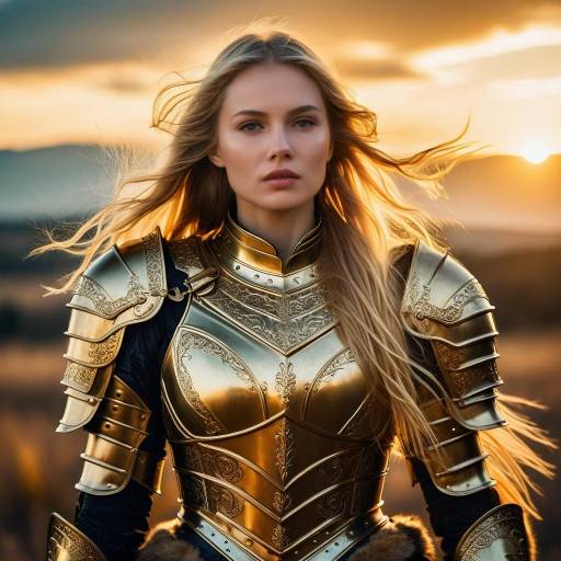 Woman in Golden Armor at Sunset